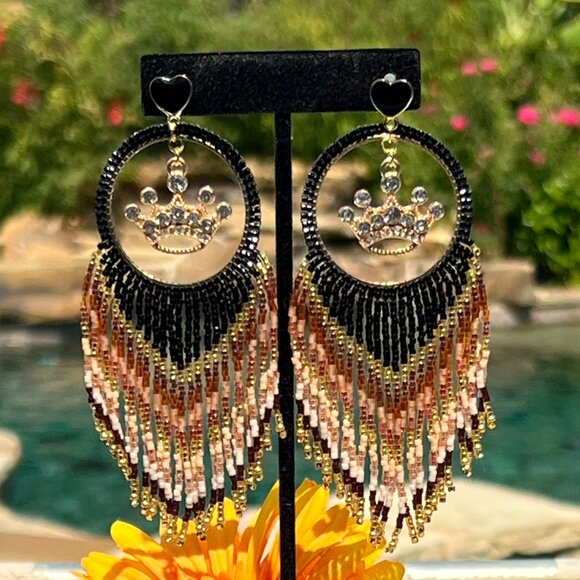 Handmade Beaded Queen Long Fringe Dangle Drop Lightweight Post Hoop Earrings - Picture 5 of 10